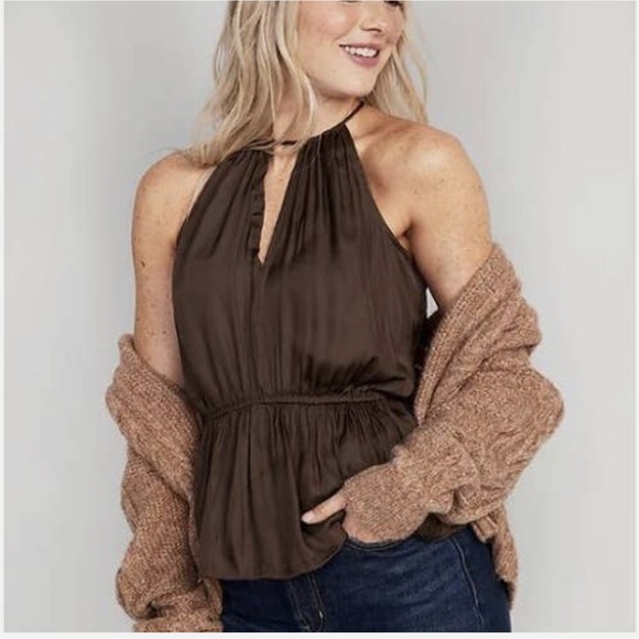 Old Navy Tops - NWT Satin Old Navy Chocolate Brown Halter‎ Peplum Top Blouse Size Small